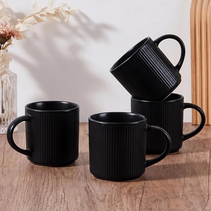 E-far Coffee Mugs Set of 4, 12 oz Stoneware Coffee Cups with Handle for Latte, Tea, Cocoa, Milk, Modern Ribbed Ceramic Mugs for Man Woman, Microwave & Dishwasher Safe, Matte Black by E-far