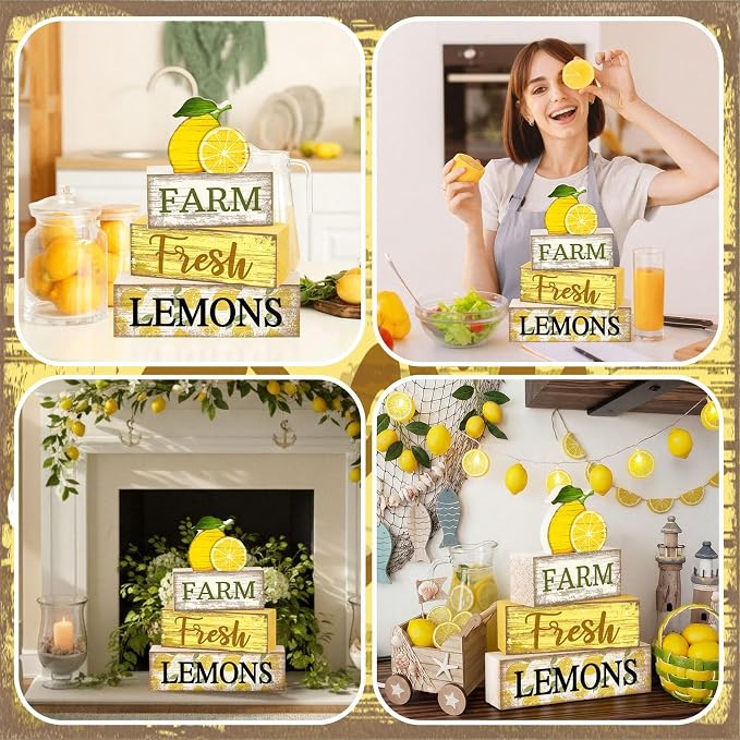 Moucuny 4 Pcs Summer Lemon Decor Summer Table Decorations Farm Fresh Lemons Wooden Stacked Block Decor Rustic Summertime Tiered Tray Decoration Fruits Centerpiece for Home Kitchen Dining Room Mantel - Image 5