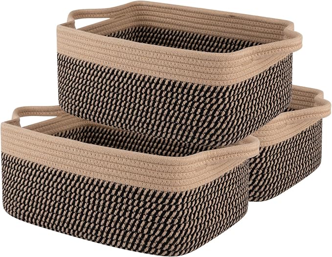 OIAHOMY 3 Pack Storage Baskets for Organizing, Woven Cotton Rope Basket for Shelves, Closet Organizer Bins with Handles, Rectangle Toy Organization, 13.78''×9.84''×5.5'', Brown & Black by MasterofSpaceOptimization