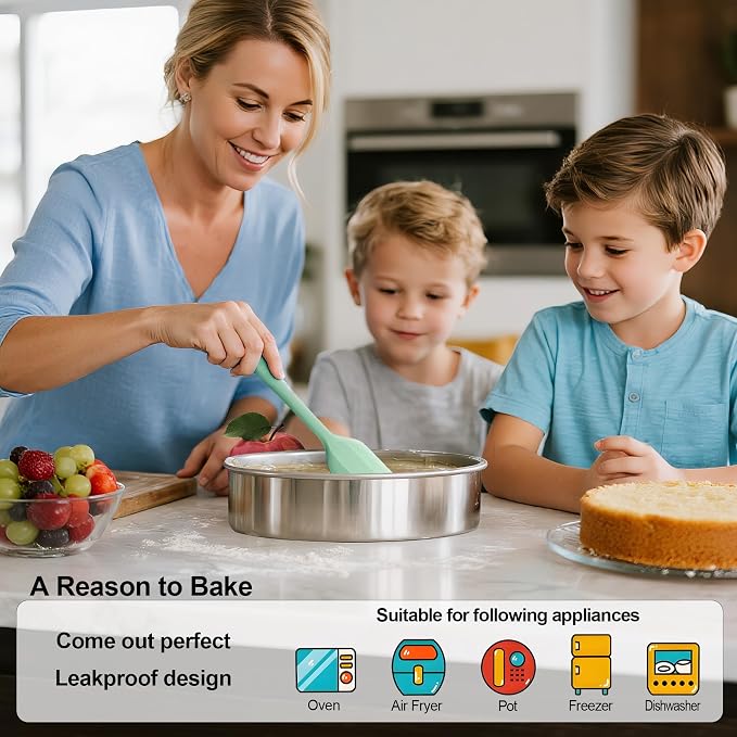 9½ Inch Round Cake Pan, 2PCS Stainless Steel Cake Pans &100 Parchment Paper | Nonstick Circle Round Cake Pans Tins for Birthday Baking Layer Cake, Healthy & Non-Toxic, Silicone Spatula & Dishwasher Safe - Image 5