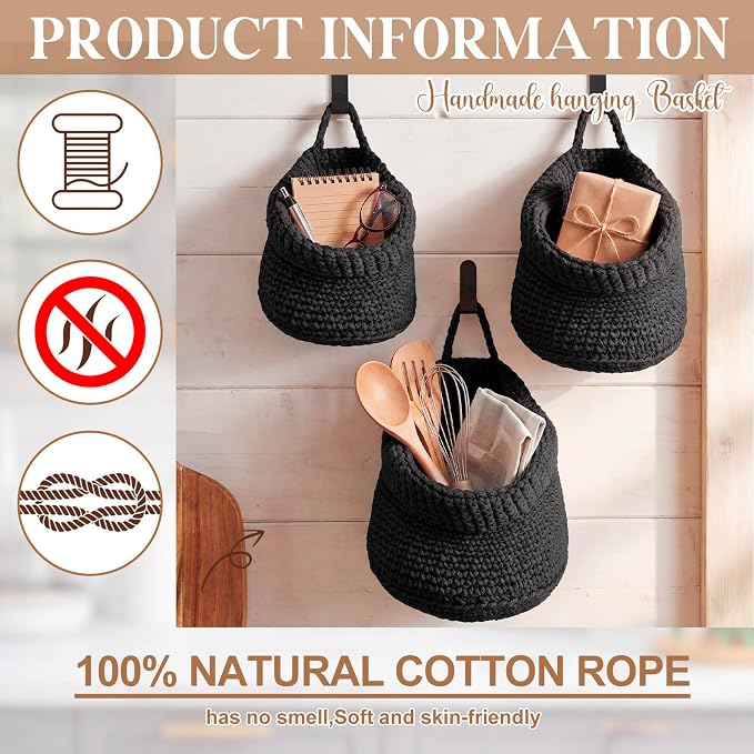 Honeydak Boho Decor Hanging Wall Baskets for Kitchen 3 Pack Teardrop Baskets with Hooks Storage Fruit Onion Vegetable Potato for Home 3 Sizes(Black,Barrel,Cotton Rope) - Image 3
