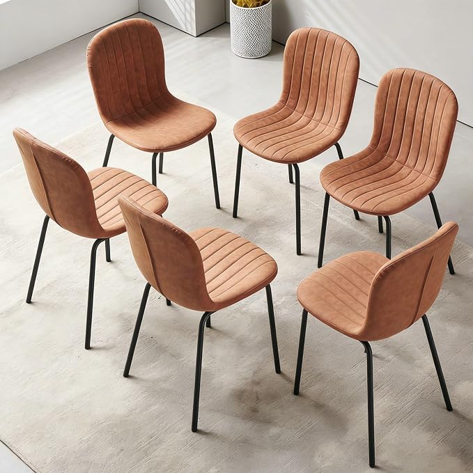 Small Dining Chairs Set of 6, Modern Mid Century Faux Leather Dining Room Chairs with Black Metal Legs, Kitchen Home Living Room Restaurant Apartment, Space-Saving, Brown - Image 4