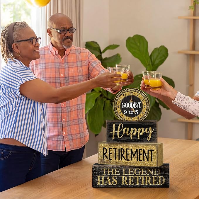 Moucuny 4 Pcs Retirement Party Decorations Happy Retirement Table Decor Black and Gold Goodbye Centerpieces for Tables Decorative Clock Block Signs Gift for Retired Party Supplies Men and Women - Image 7