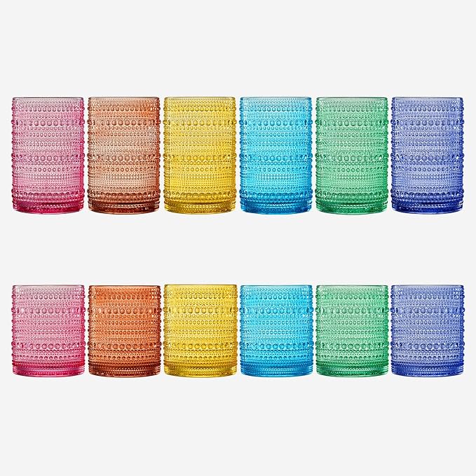 Khen Hobnail Beaded Highball Drinking Tumbler Glasses | Set of 12 | Color, Vintage Bubble Design Whiskey Glassware, Old-Fashioned, Embossed Design for Water, Wine, Cocktail Embossed, Rocks Glass - Image 2