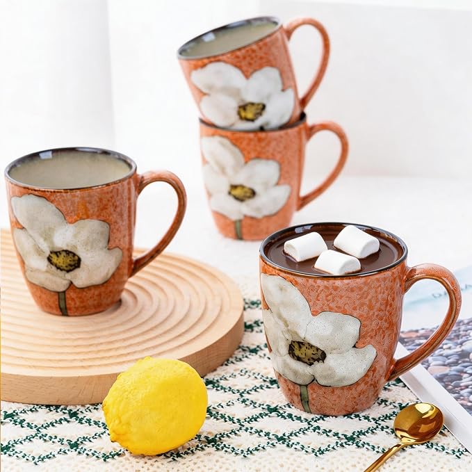 12oz Coffee Mugs Set of 4, Hand-Painted Floral Stoneware Cups with Handle, Dishwasher Microwave Oven Safe, Cappuccino Mugs for Latte, Tea, Espresso & Hot Cocoa, for Home Kitchen & Cafe, Pink - Image 7