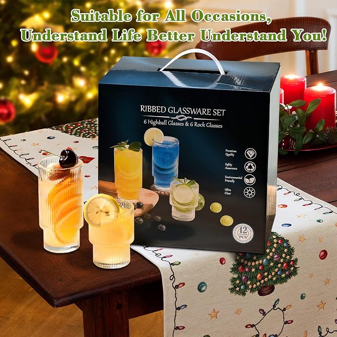 ISMASOAN Small Ribbed Glassware Set of 12, Glass Cups Fluted 12 oz & 7 oz | Stackable Glasses cup set for kitchen use in a gift box. Ideal for water, juice, iced coffee and everyday drinks - Image 6