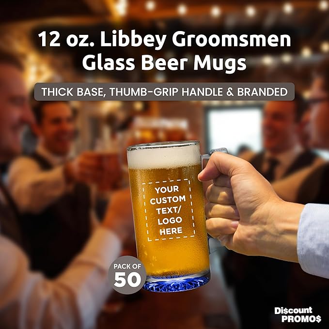 50 Libbey Beer Mugs Set, 12 oz. - Customizable Text, Logo - Groomsmen Glassware - Blue