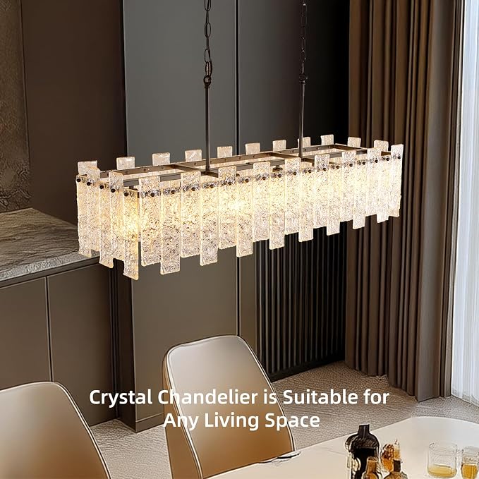 Modern Rectangle Black Crystal Chandeliers for Dining Room, L39" Large Rectangular Water Ripple Glass Island Light Fixture, 6-Lights Hanging Pendant Light for Kitchen Island, Living Room - Image 2