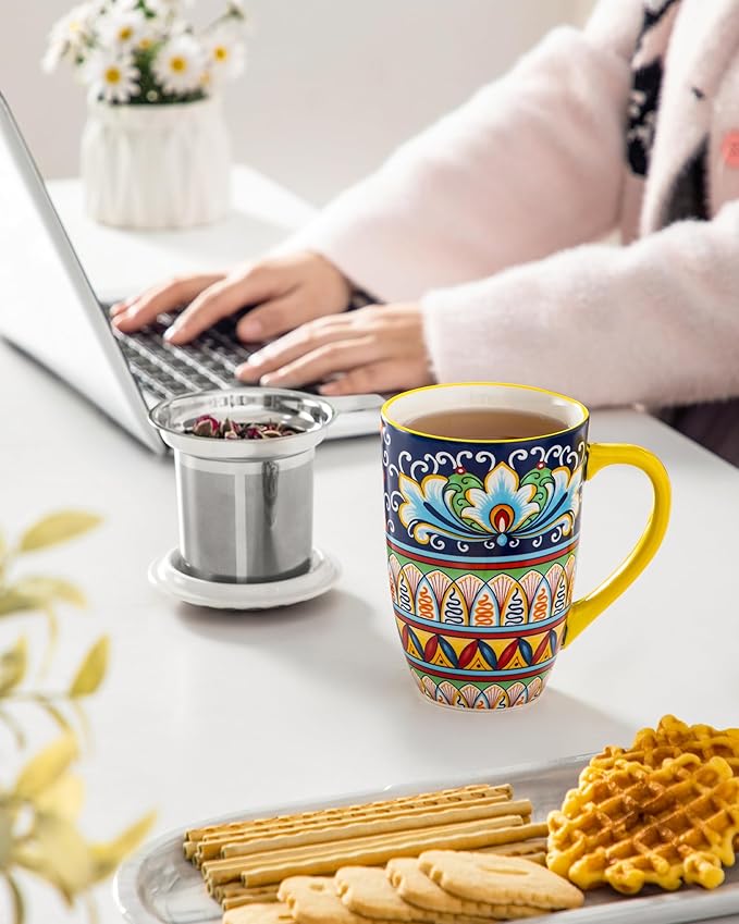 vancasso Ceramic Tea Mug with Infuser and Lid, 18 Ounce Bohemian Loose Leaf Cup, Microwave & Dishwasher Safe, Perfect for Tea, Coffee, Beige-Mustard Tribe - Image 6