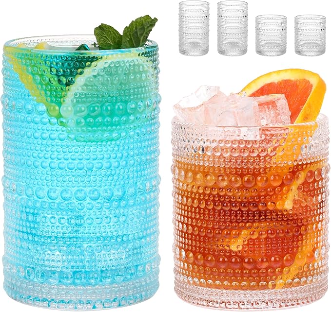 Moretoes 4 Pack Hobnail Drinking Glasses Set,Glass Cups | 12 Oz Highball Glasses & 10 Oz Cocktail Glasses, Kitchen Bar Tumbler Glassware Set for Whiskey, Beer, Juice, Milk by Moretoes