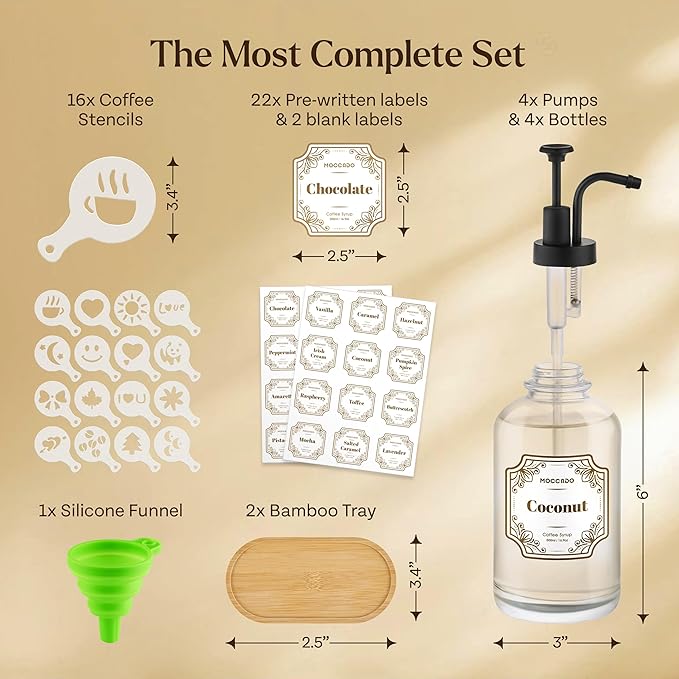 Glass Coffee Syrup Dispenser for Coffee Bar - Set of 4 Black 16.9 oz / 500 ml Glass Syrup Bottles, Includes 2 Bamboo Trays, 16 Stencils, Labels, Syrups Pumps
