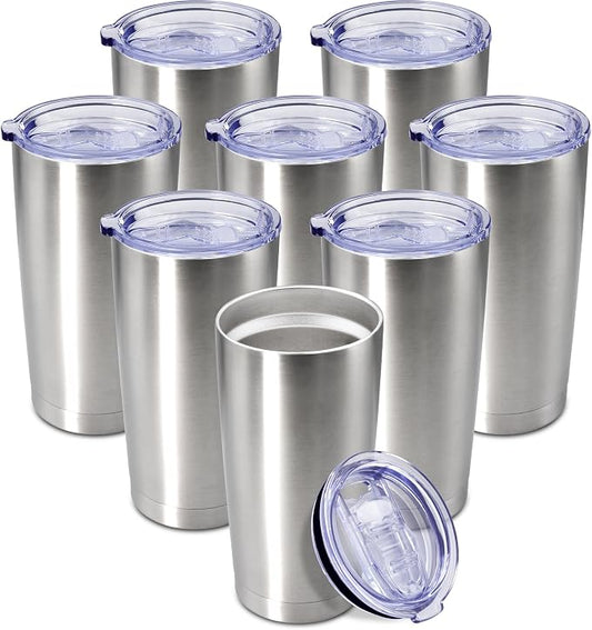 20oz Tumbler Insulated Coffee Tumblers with Lid Stainless Steel SS 8P | 20 oz Tumblers Double Wall Insulated Vacuum 20oz Coffee Mug Leak Proof Tumblers with Lid Powder Coated - SS 8 Pack by AEPDTD