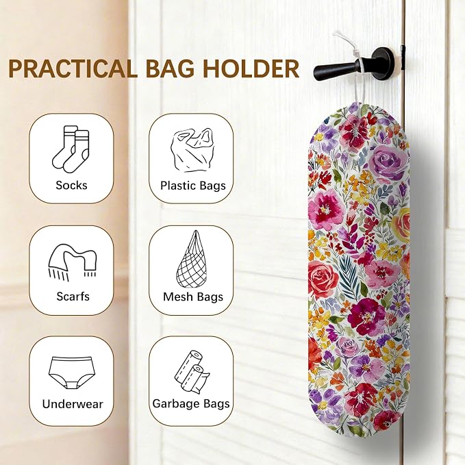 Plastic Bag Holder Dispenser, Plastic Grocery Bag Organizer & Wall Mount Paper Trash Bags Saver Storage for Kitchen Home Pantry Decor, Colorful Floral Kitchen Decor Shopping Bags Storage Dispenser - Image 4