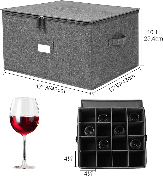 Stemware Storage Cases, Wine Glass Storage Box Containers with Dividers | Glassware Storage Containers for Glassware or Crystal, Holds 16 Red or White Wine Glasses, Hard Top and Stackable (Grey) - Image 5