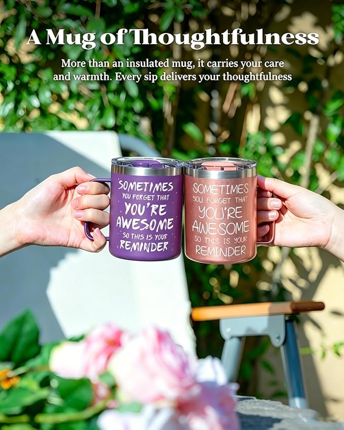 Inspirational Coffee Mug for Women, 12oz Insulated Stainless Steel Mug with Handle & 2 Lids – Sometimes You Forget You’re Awesome, Birthday & Appreciation Gift for Friend, Coworker, Purple - Image 8