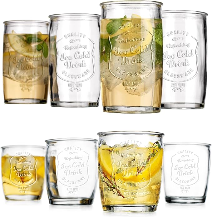 Glaver's Ice Cold Set of 8 Drinking Glasses 4-20 Oz Highball Glasses, and 4-13 Oz Whiskey Glass Cups For Everyday Home Use Water glasses, Beer, Juice, Cocktail. - Image 6
