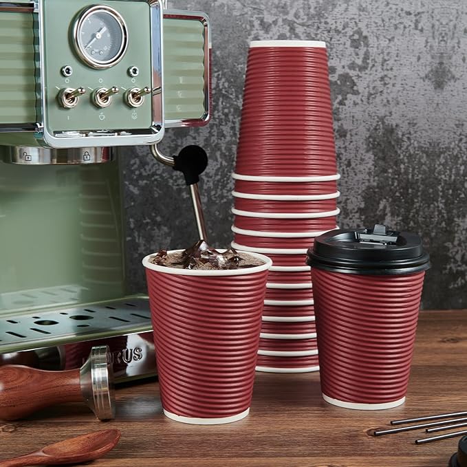 LITOPAK 80 Pack Insulated Ripple Wall 12 oz Disposable Paper Cups, Three Layer Insulated Hot Paper Coffee Cups with Lid and Straws for Parties, Picnics, and Travel