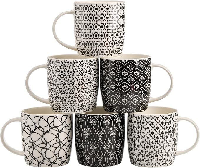 Okllen 6 Pack 11.5 Oz Coffee Mugs Geometric Textured, Ceramic Coffee Mugs Stylish Tea Cup Mugs Set Gift for Latte, Cappuccino, Milk, Water, Cocoa, Cereal, Black and White by Okllen
