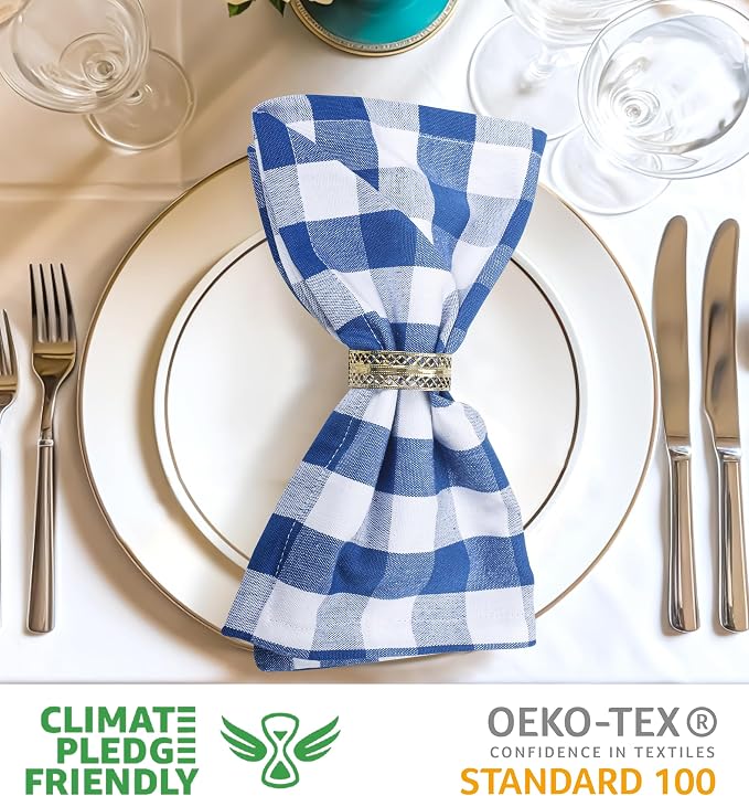 Urban Villa Cloth Napkins Cotton 20x20 (Set of 6) Blue Cheks - Image 3