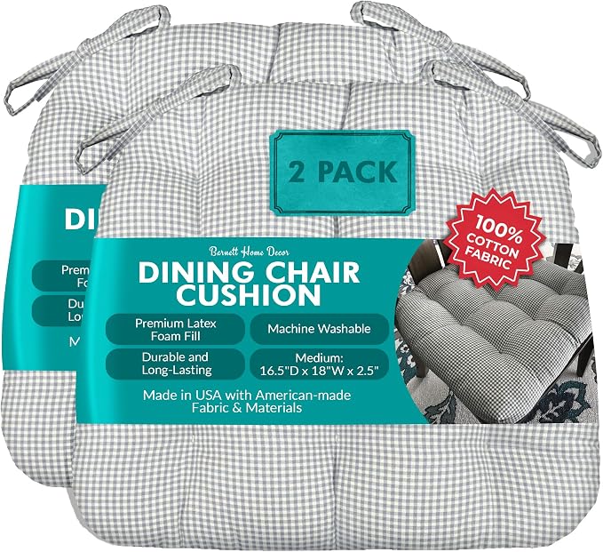 Barnett Home Decor Dining Chair Cushions, 16.5 x 18, Pack of 2 – Madrid Grey Gingham Check – 100% Cotton, Latex Foam Fill by BarnettHomeDecor