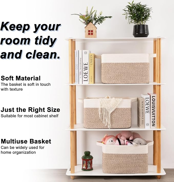 OIAHOMY 3 Pack Storage Baskets for Organizing, 13''X9.85''X8.7'' Storage Bins,Woven Basket with Handles, Toy Storage Bin,Stylish Room Decor Basket, white & Brown variegated - Image 2