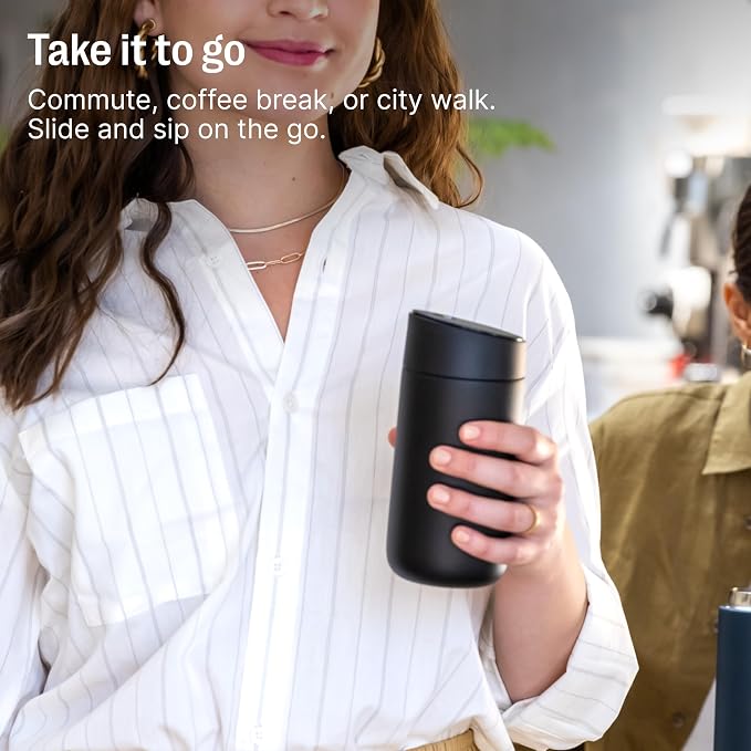 Fellow Carter Slide Ceramic Lined Travel Coffee Mug 12 oz, One-Handed Lid | No Metallic Taste Stainless Steel Coffee Tumbler, Leak-Proof, Hot 6Hr Cold 6Hr, BPA-Free, Dishwasher Safe, Smoke Green - Image 6