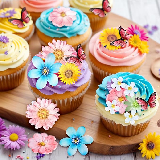 55 Pcs Edible Flowers & Butterflies Cake Decorations - Cupcake Toppers for Wedding, Birthday Party Food (Mixed Size & Colour) - Image 4