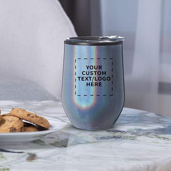 Custom Palmera Stemless Wine Tumblers with Lids 12 oz. Set of 6, Personalized Bulk Pack - Perfect for Wine, Cocktails, Other Hot & Cold Beverages - Iridescent Blue