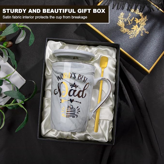 Birthday Gifts Presents for Dad from Daughter Son - World's Best Dad Mug | Funny 14oz Grey Marble Ceramic Coffee Cup with Gold Print, Lid, Spoon, Greeting Card, Nice Gift Box, Fathers Day Daddy Gift - Image 5