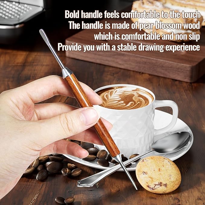 Rosewood Handle Latte Art Pen - Professional Stainless Steel Coffee Drawing Tool for Baristas & Home Coffee Lovers, Cappuccino Espresso Foam Design Carving Needle