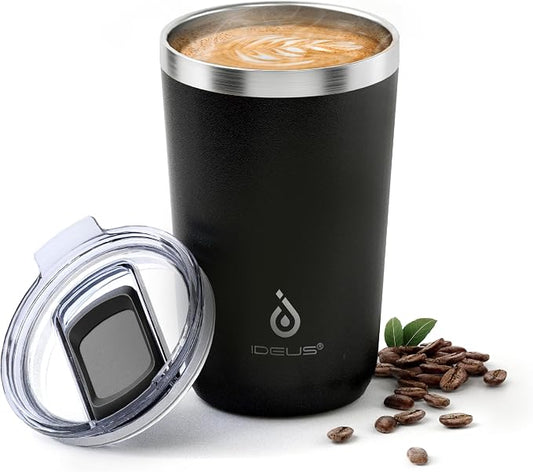 Ideus 20 oz Tumbler, Travel Coffee Mug with Splash Proof Sliding Lid, Double Wall Stainless Steel Vacuum Insulated Coffee Mug for Home and Office, Keep Beverages Hot or Cold, Black by IDEUS