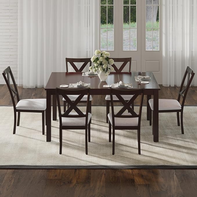 AMERLIFE 7-Piece Farmhouse Dining Table Set for 6, 60'' Table and 6 Chairs | Solid Wood Kitchen Table with 6 Upholstered Chairs, Space-Saving Dining Set for Dining Room, Kitchen, Small Apartment, Brown - Image 8