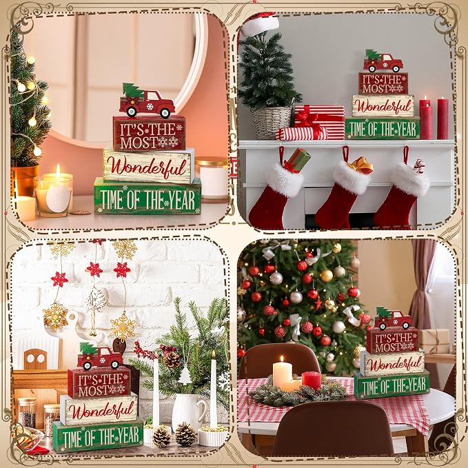Moucuny 4 Pcs Christmas Decor Wooden Red Truck Winter Tiered Tray Decor Rustic Merry Christmas Table Centerpiece Wood Red Truck Block Sign Gift Farmhouse for Home Kitchen Tabletop Office Shelf - Image 4