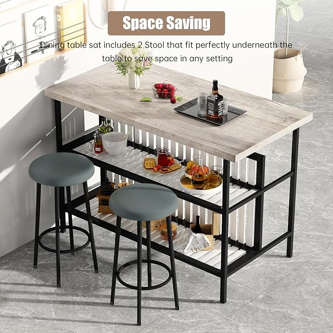 AWQM Kitchen Island with Seating & Storage Shelf, Modern Bar Table and Chairs Set for 2, Wooden Island Table for Kitchen, Dining Table Set for Small Space, Grey - Image 5