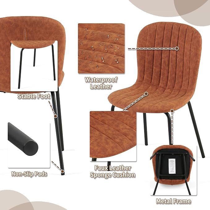 Dining Chairs Set of 4, Modern Mid Century Faux Leather Dining Room Chairs with Black Metal Legs, Comfortable Armless Side Kitchen Chair for Home, Living Room, Bedroom, Restaurant, Brown - Image 3