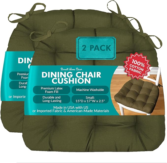 Barnett Home Decor Dining Chair Cushions with Ties – Size Small 15 x 17 - Latex Foam Fill, 100% Cotton, Machine Washable Chair Pads for Kitchen Chairs, Made in USA (Cotton Duck Boxwood/Pack of 2) by BarnettHomeDecor