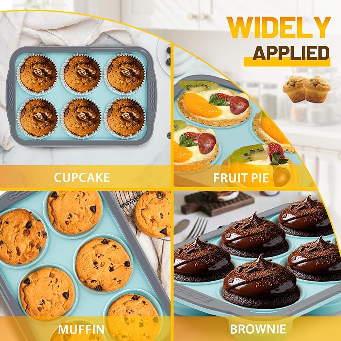 Silicone Muffin Pan, 6 Cups Non-Stick Cupcake Pan, Food-Grade BPA-Free Muffin Tin, Oven-Safe 450 °F, Reinforced Steel Frame, Easy-Grab Handles, Quick-Release 2.7" Baking Molds for Mini Treats - Image 6