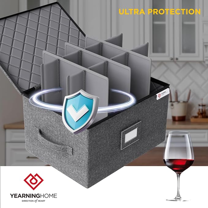 Wine Glass Storage Box with Dividers,Hard Shell and Stackable Stemware Storage Containers with Sturdy Handle for Glassware Crystal Storage and Transport,Grey,Holds 12 - Image 4