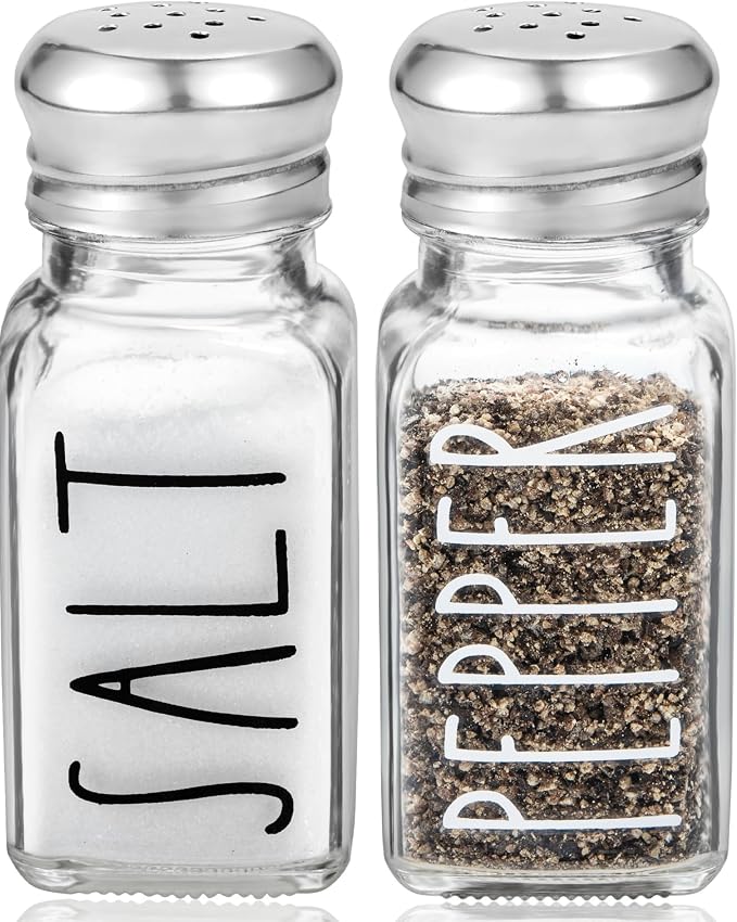Clear Glass Salt and Pepper Shakers Set by Brighter Barns - Modern Kitchen Decor for Home Restaurant BBQ Camping RV - Farmhouse Kitchen Accessories - Glass Shakers & Stainless Steel Lids (Clear) by BrighterBarns