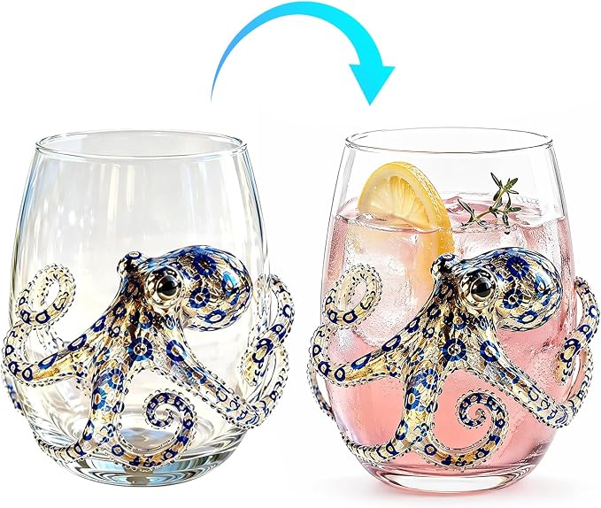 Ocean-Themed Blue Ringed Octopus Hand-Blown Glassware | Ocean-themed octopus glassware: hand-blown coastal stemless wine glasses for ocean lovers - Image 7