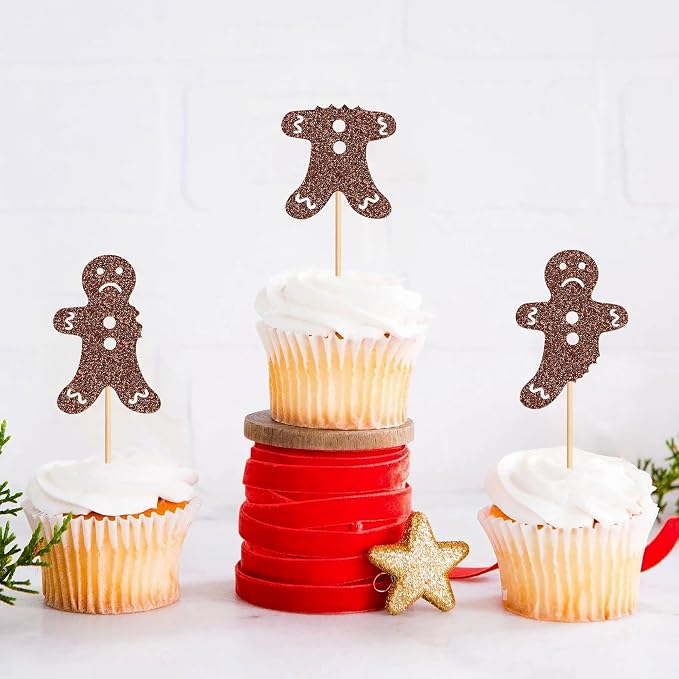 24Pcs Gingerbread Man Cupcake Toppers Holiday Party Cake Decorations Glitter Bitten Cookie Cupcake Picks Baby Shower Birthday Party Cupcake Toppings - Image 4