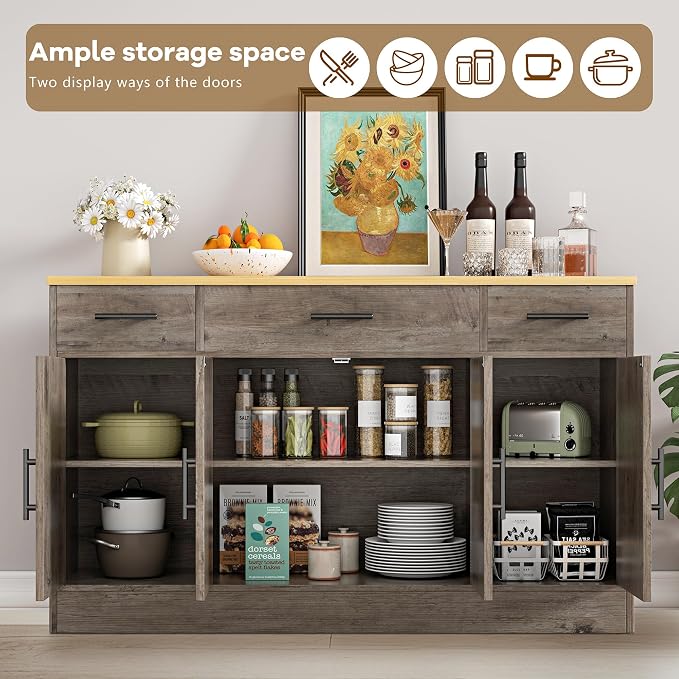 Vongrasig 53" Large Sideboard Buffet Cabinet With 4 Doors and 3 Drawers, Farmhouse Coffee Bar Kitchen Storage Cabinet, Wood Table for Kitchen, Dining Room, Ash Grey - Image 4