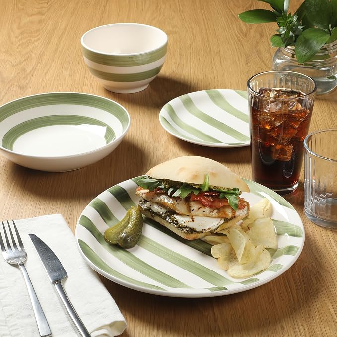 Gibson Home Kenwood Shores 16 Piece Dinnerware Set, Green Striped, Hand-Painted Stoneware, Plates and Bowls, Service for 4, Microwave & Dishwasher Safe - Image 5