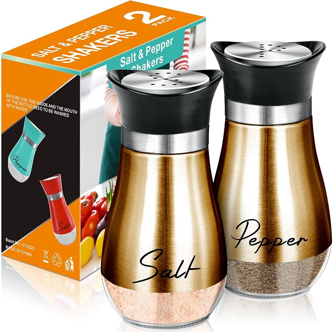 Salt and Pepper Shakers - 4 oz Copper Glass Set with Stainless Steel Lids | Refillable Glass Shakers with Stainless Steel Lids for Cooking, Dining, RV Trips, Camping and BBQs; 4 oz Capacity Each. by ARROZON