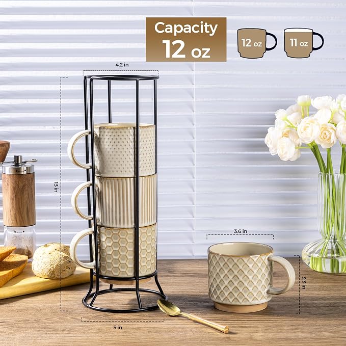 GBhome 12 OZ Stackable Coffee Mugs Set of 4, Ceramic Coffee Cups Set | Coffee Mugs With Stand, Dishwasher&Microwave Safe, 4 Assorted Designs - Image 3
