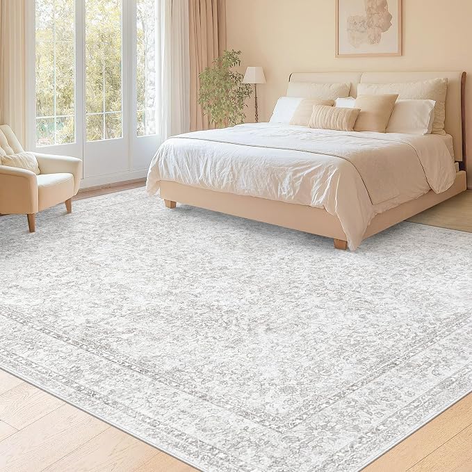 8x10 Area Rugs for Living Room: Washable Large Vintage Floral Rug Low Pile Non-Slip Boho Carpet for Bedroom Home Office Dining Room (Floral Grey, 8'x10') - Image 4