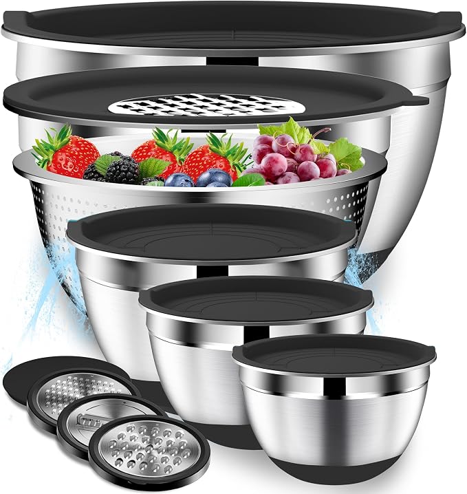 DUTZUN Kitchen Appliances, Large Mixing Bowls with Lids Set & Colander | 6.0 QT Stainless Steel Mixing Bowl with Strainer & Graters for Baking, Serving, Cooking, Prep, Salad by DUTZUN