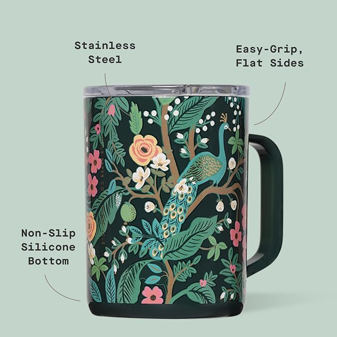 Corkcicle x Rifle Paper Co. Triple Insulated Coffee Mug with Lid & Handle - Keeps Beverages Hot for 3+ Hours - Gift for Mom - Great for Mother's Day or Christmas - 16 oz - Peacock Blue - Image 4