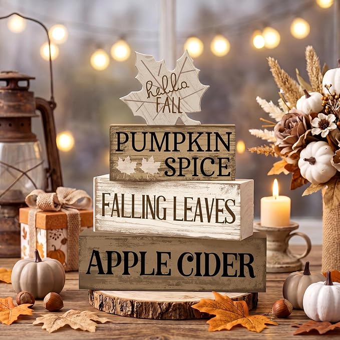 Moucuny 4 Pcs Neutral Fall Table Decor for Home Maple Leaf Wooden Blocks | Thanksgiving Tiered Tray Decor, Brown and White Rustic Maple Leaf Block Signs Gift Fall Centerpiece for Harvest Home Kitchen - Image 2