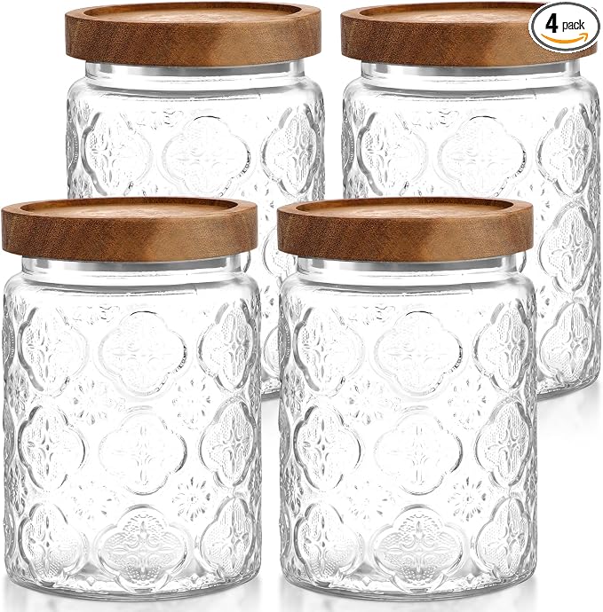LemonRoad 4 Pcs Vintage Clear Glass Storage Jars 23.7 oz Mason Jar Canister with Wood Lids Food Storage Container for Cookie, Pantry, Candy Kitchen, Coffee, Tea, Flour, Sugar, Decorative Home Decor by Unknown